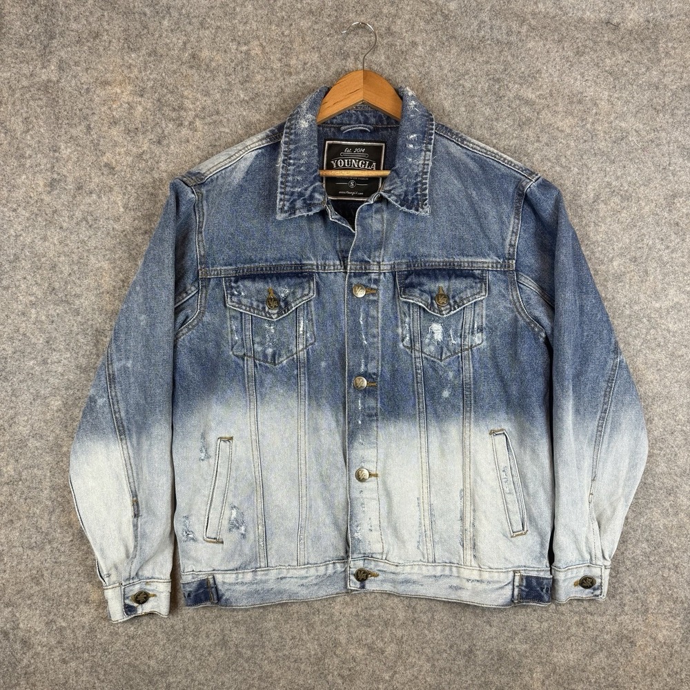 YoungLA Jean Jacket Mens Small Blue Distressed Acid Wash Denim Crossword Graphic - Picture 1 of 9